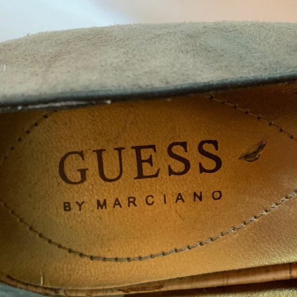 Guess By Marciano Gray Suede Feel Open Toe Heels with Cork Look Heels! - Picture 6 of 13